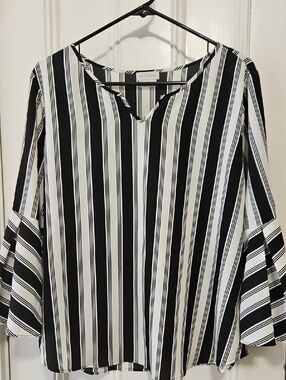 Van Heusen Black and White Vertical Stripe V-Neck Bell Sleeve Blouse Large